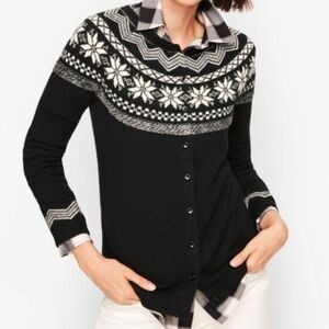 Talbots Fair Isle Cardigan Sweater Black Snowflake Button Front Size XS